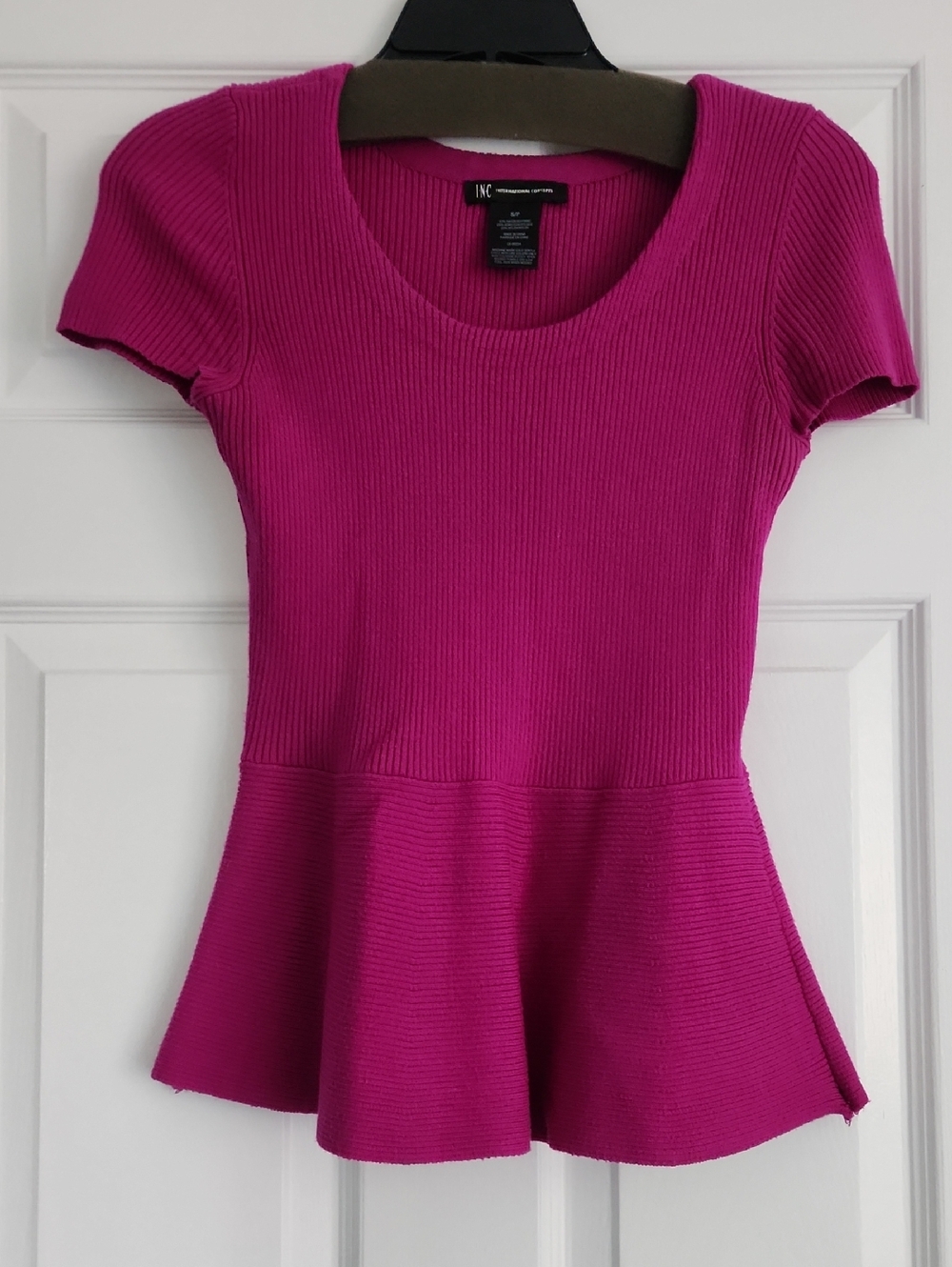 INC International Concepts Fuchsia Ribbed Peplum Short Sleeve Top
